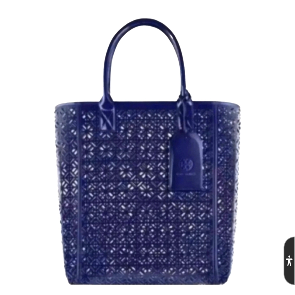 Tory Burch Large Navy Coated Canvas Laser Cut Tote